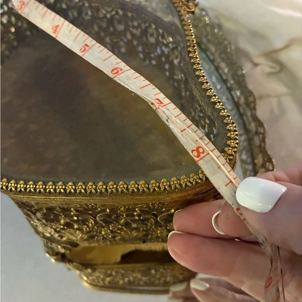 Vtg Gold Metal & Glass Footed Jewelry Box Hinged vanity W Smaller Box & Mirror